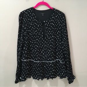 J.Crew Black & White Polka Dot Pleated Blouse Ruffle Hem Peplum Top Women XL